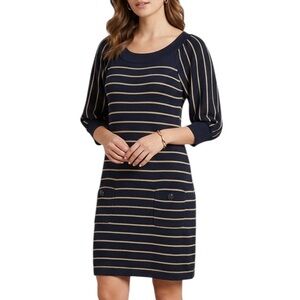 Jessica H Navy & Cream Striped Knit Dress Button Front Pockets Size S
